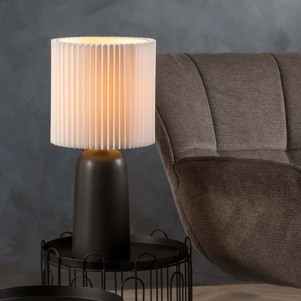 TABLE LAMP BLACK CYLINDER BASE PLEATED WHITE SHADE - Image 2