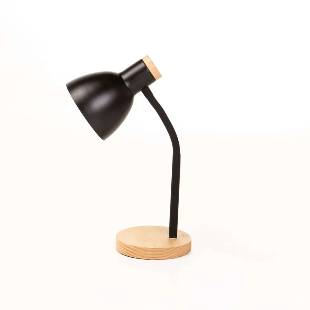 TABLE LAMP WOOD BASE OAK BLACK ARM & DOME - Image 2