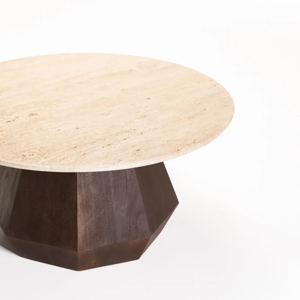 RANI 80cm ROUND TRAVERTINE & SOLID WOOD COFFEE TABLE - Image 2
