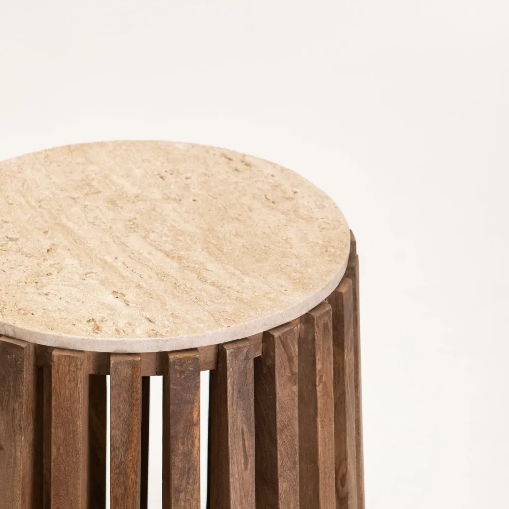 SARI ROUND TRAVERTINE TOP SOLID WOOD SIDE TABLE - Image 2
